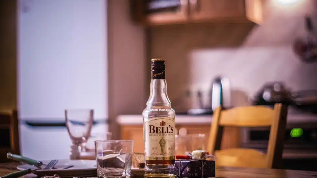 Bell's, whiskey bottle table kitchen