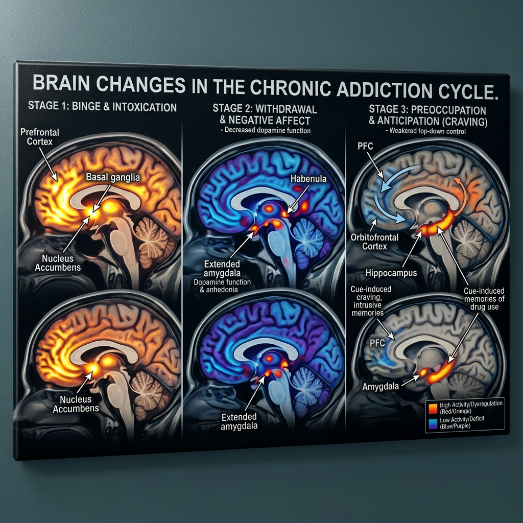 Brain diagrams highlighting changes in prefrontal cortex, basal ganglia, nucleus accumbens, amygdala, habenula, and hippocampus during binge, withdrawal, and craving stages of addiction.