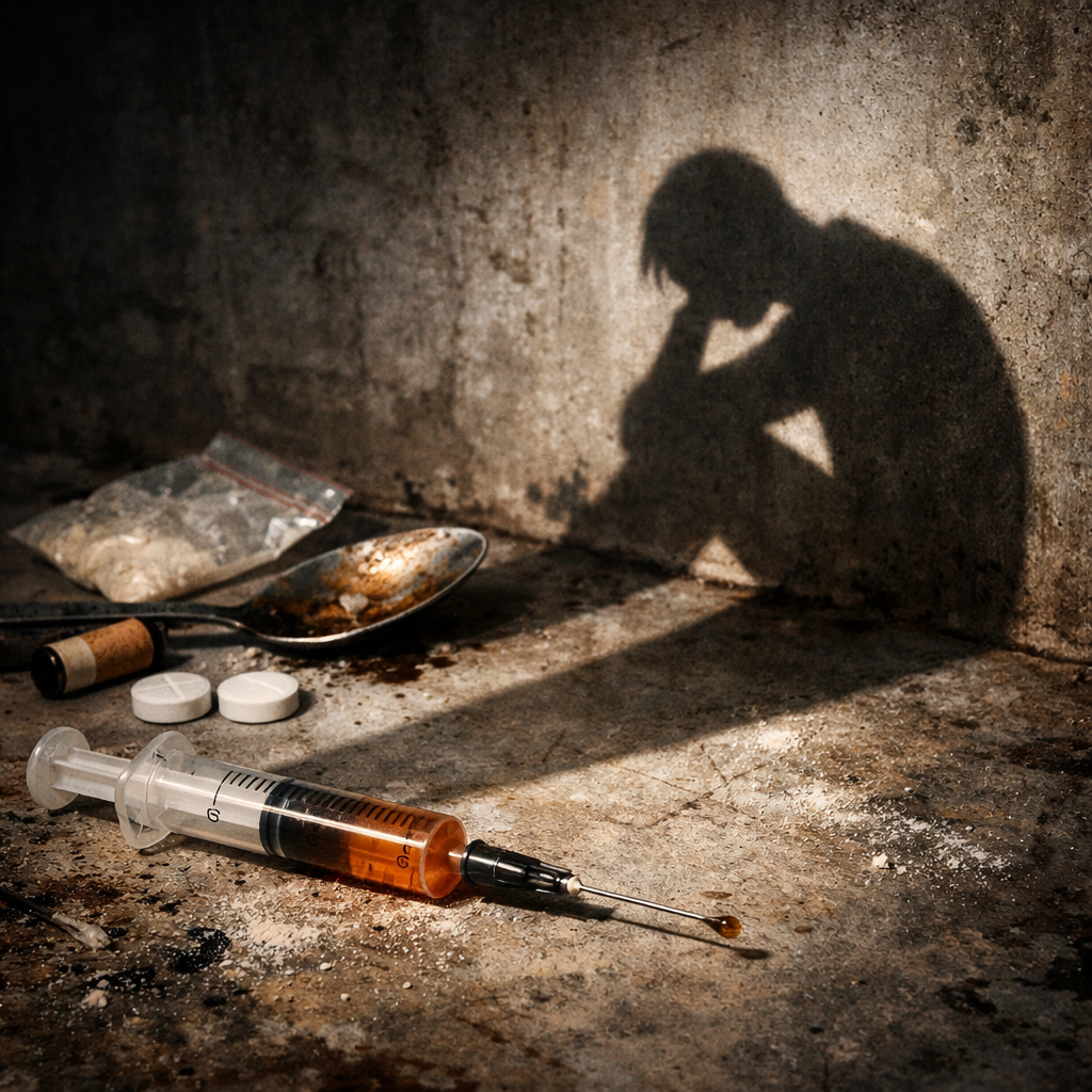 Syringe with brown liquid, pills, spoon, and a shadow of a person sitting with head on hand