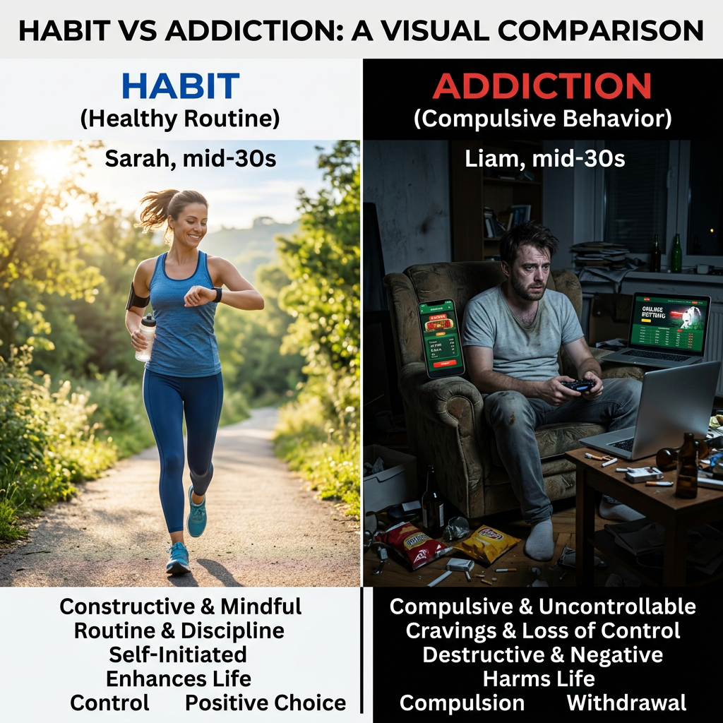 Split image comparing a woman running outdoors for habit and a man gaming indoors for addiction