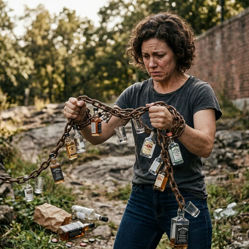 A woman holding rusty chains intertwined with small liquor bottles and shot glasses, looking distressed.