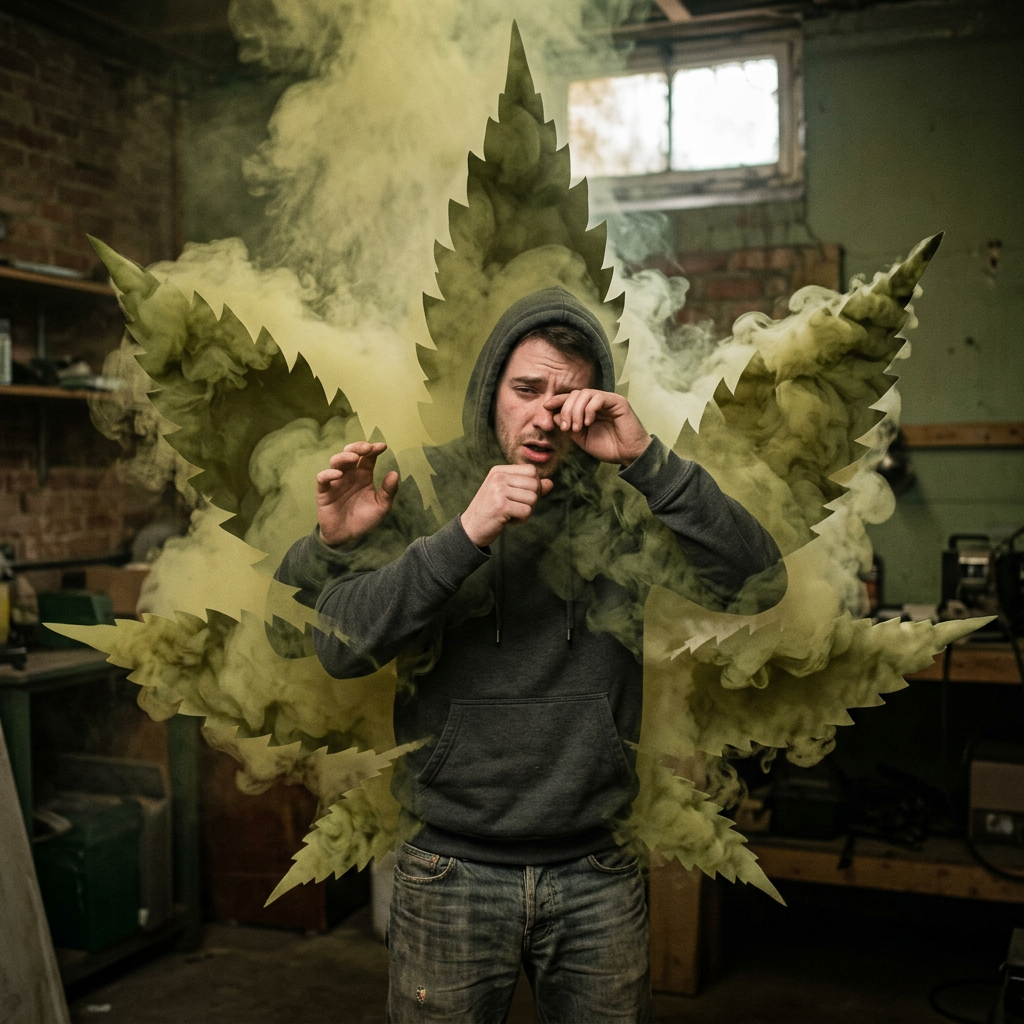 Man in hoodie rubbing eyes surrounded by cannabis-shaped smoke