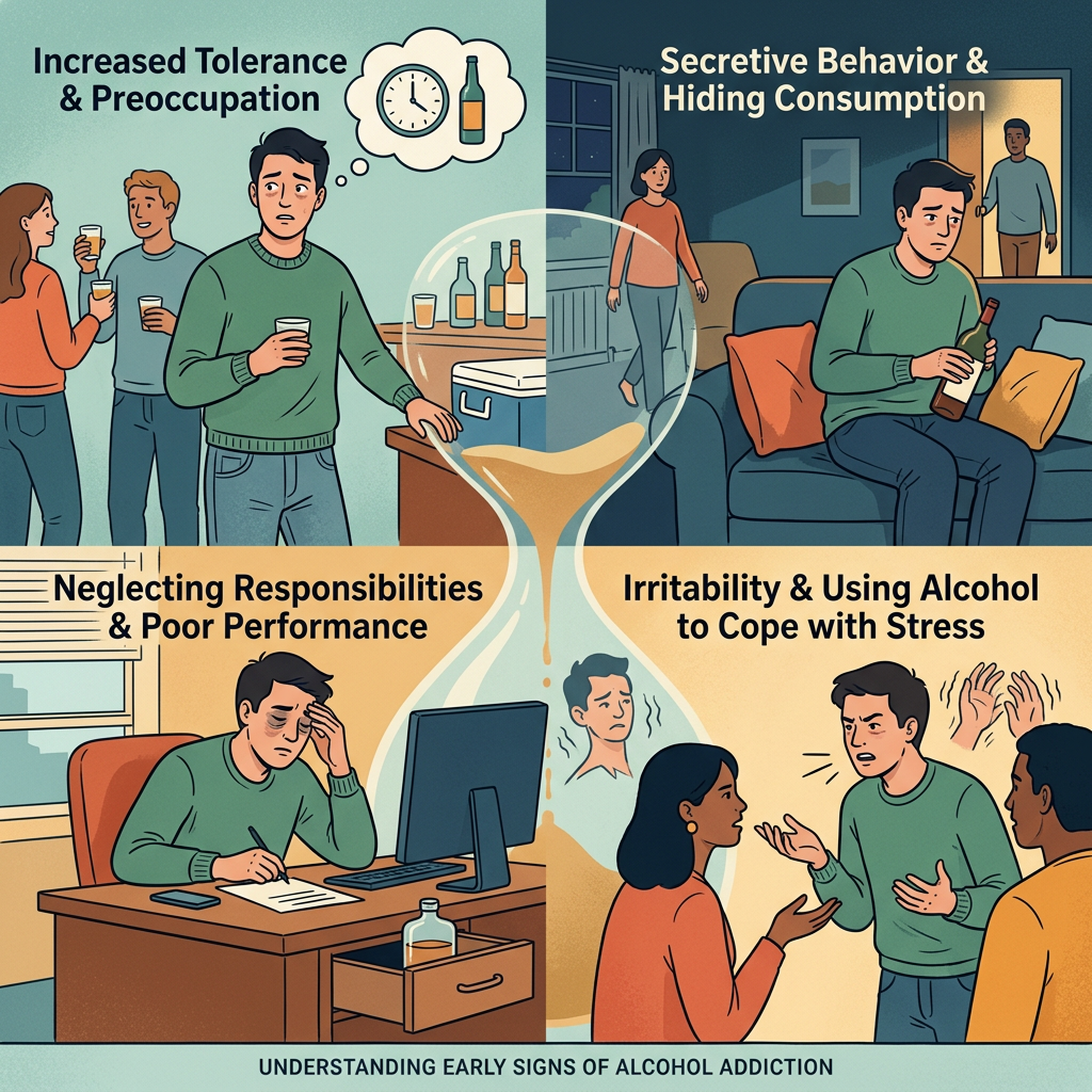 Four illustrations depicting early signs of alcohol addiction: increased tolerance, secretive behavior, neglecting responsibilities, irritability and stress coping.