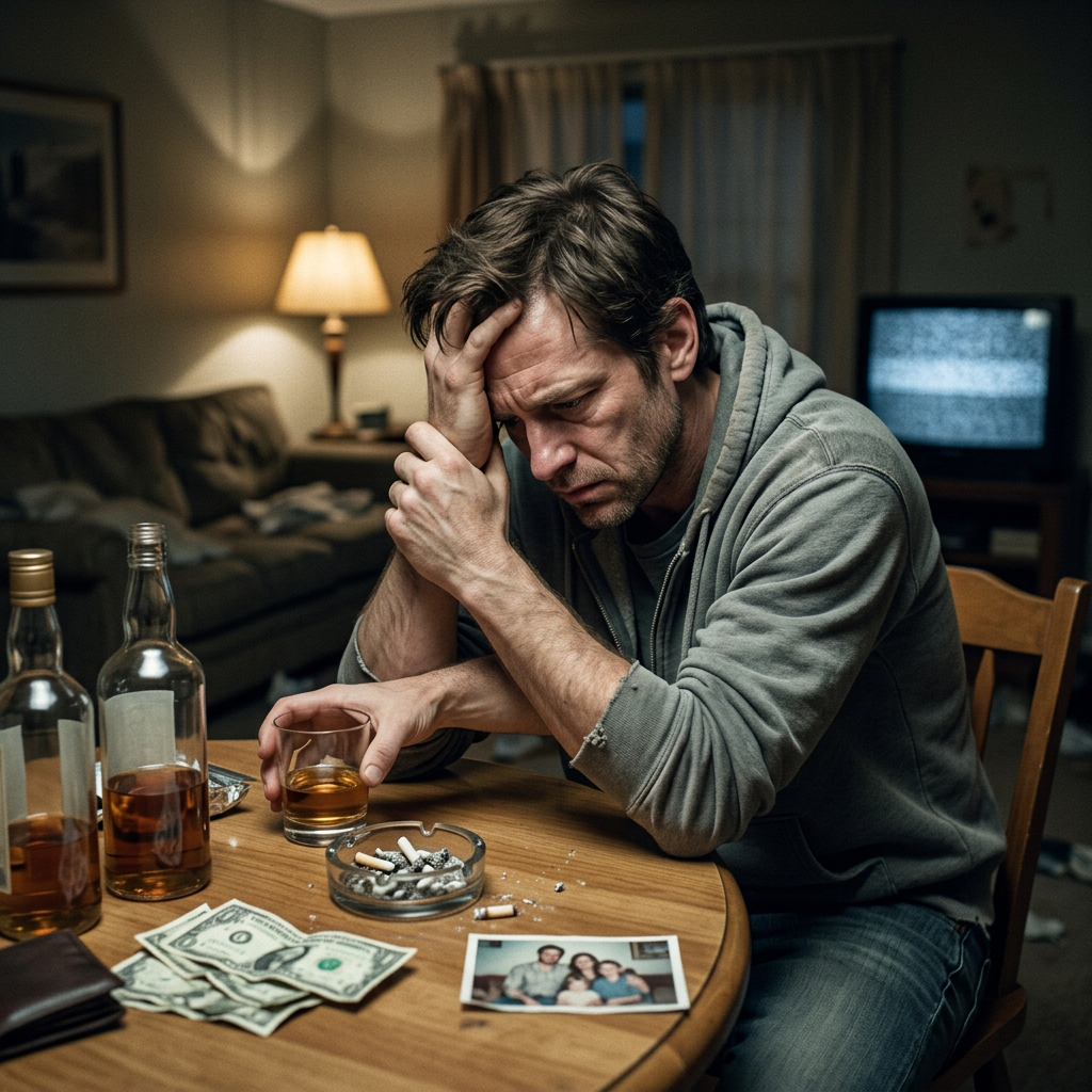 Distressed man holding glass of whiskey surrounded by bottles, cigarettes, money, and a family photo Early Signs Of Alcohol Addiction