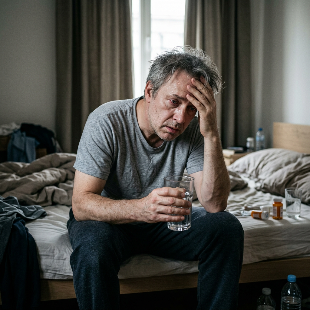 Tired man sitting on bed holding a glass of water with medication bottles nearby Early Signs Of Alcohol Addiction