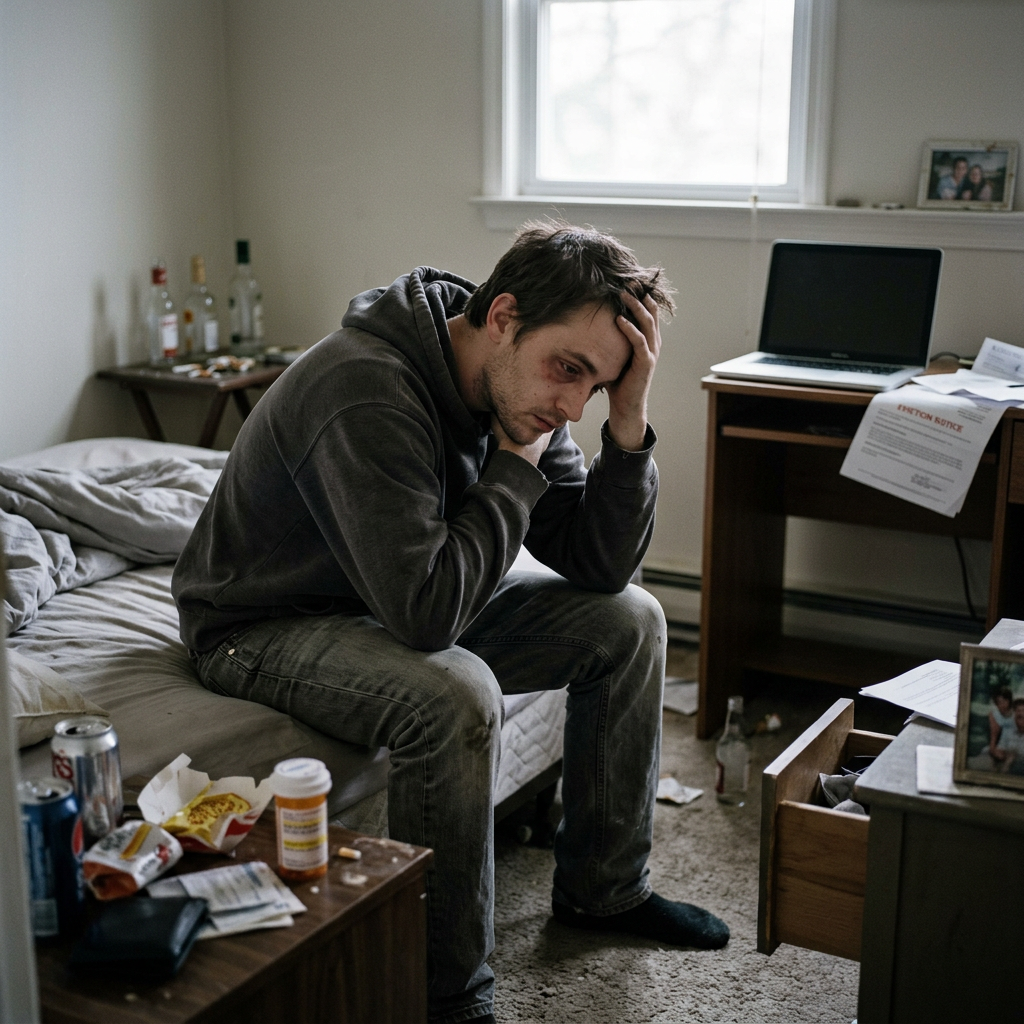 Young man sitting on bed with head in hand in cluttered room What Is Addiction?