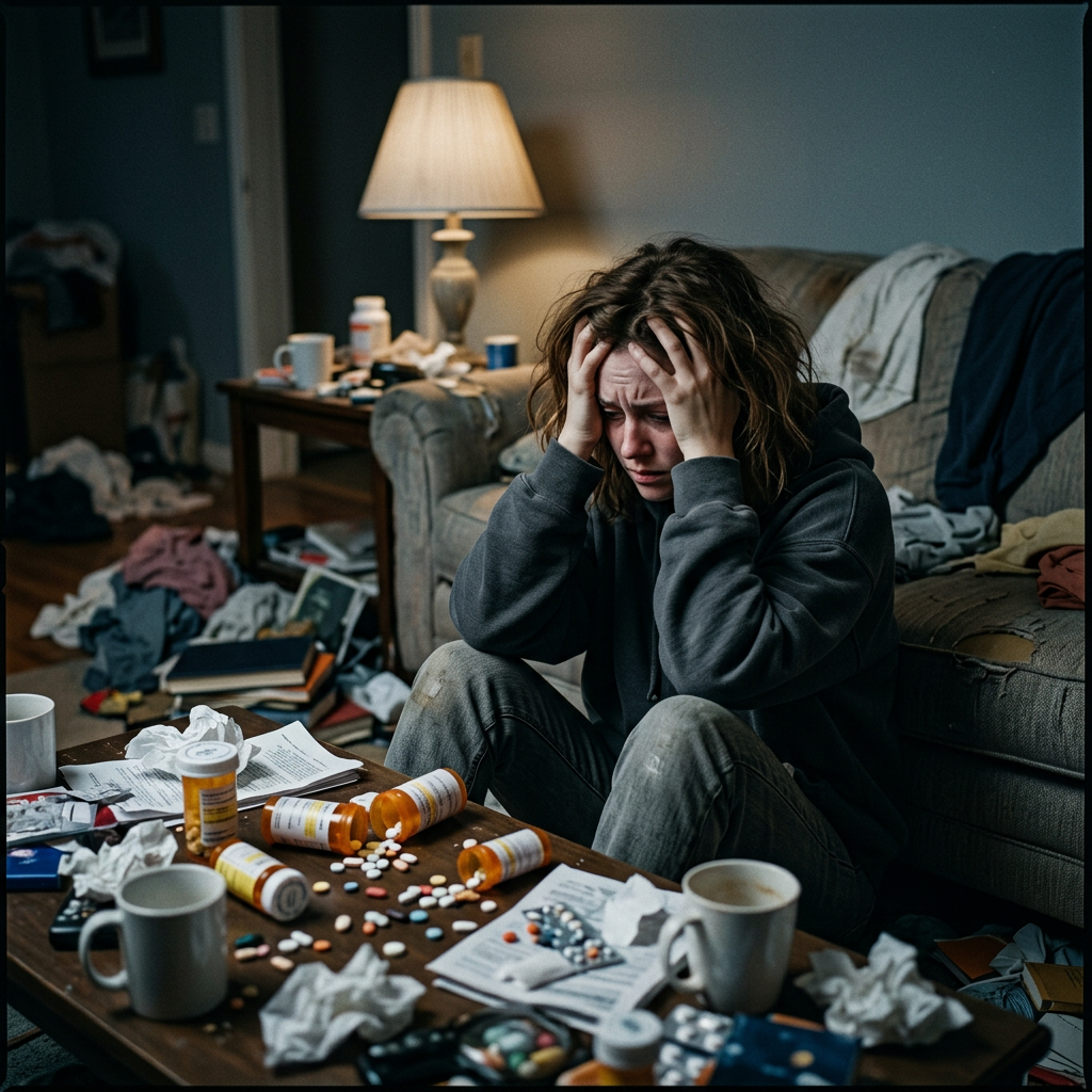 A woman sitting on the floor with hands on her head looking distressed in a cluttered room with scattered pills and tissues What Is Addiction?