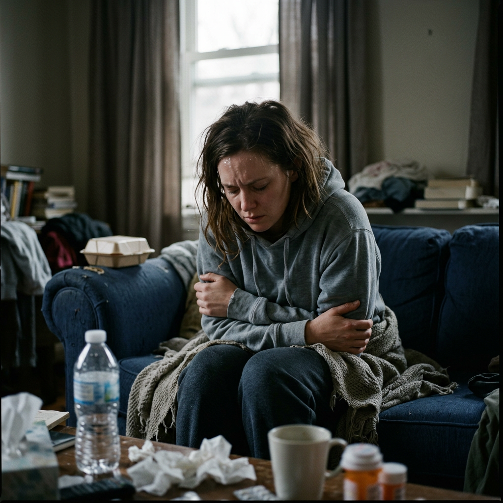 Woman sitting on a couch hugging herself, surrounded by tissues, medicine bottles, and water bottle