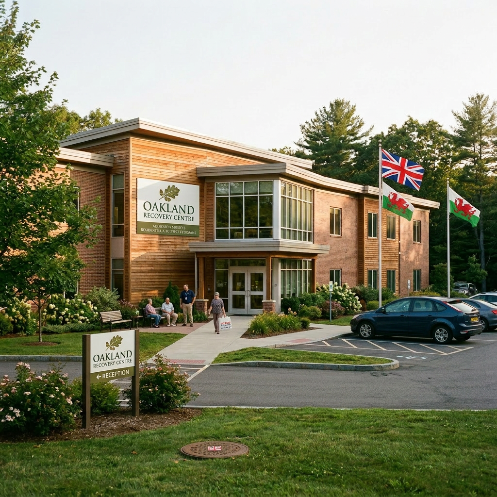 Oakland Recovery Centre building exterior with people, flags, and parked cars Alcohol Rehabilitation Centres Near Me
