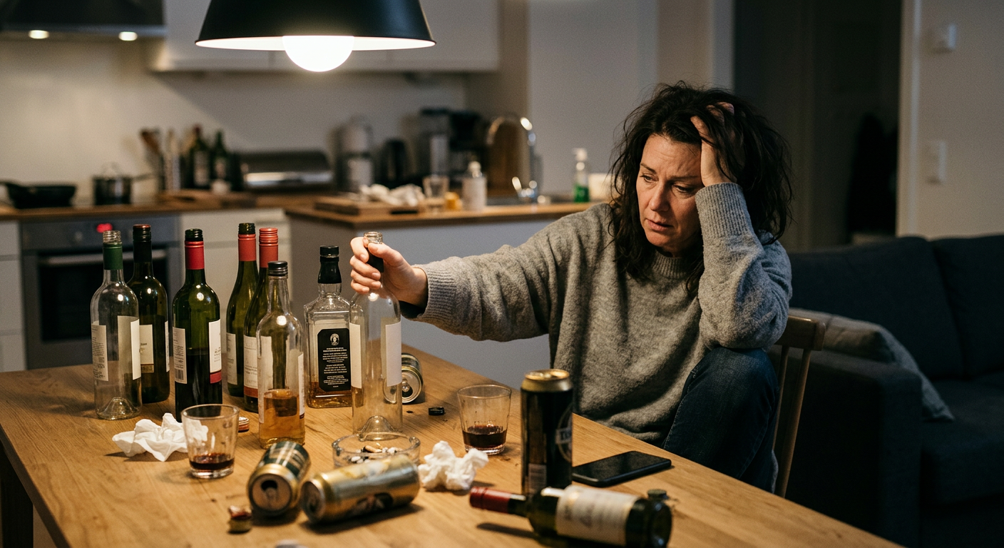 Woman sitting at table with empty alcohol bottles and cans, looking distressed Alcohol Rehabilitation Centres Near Me