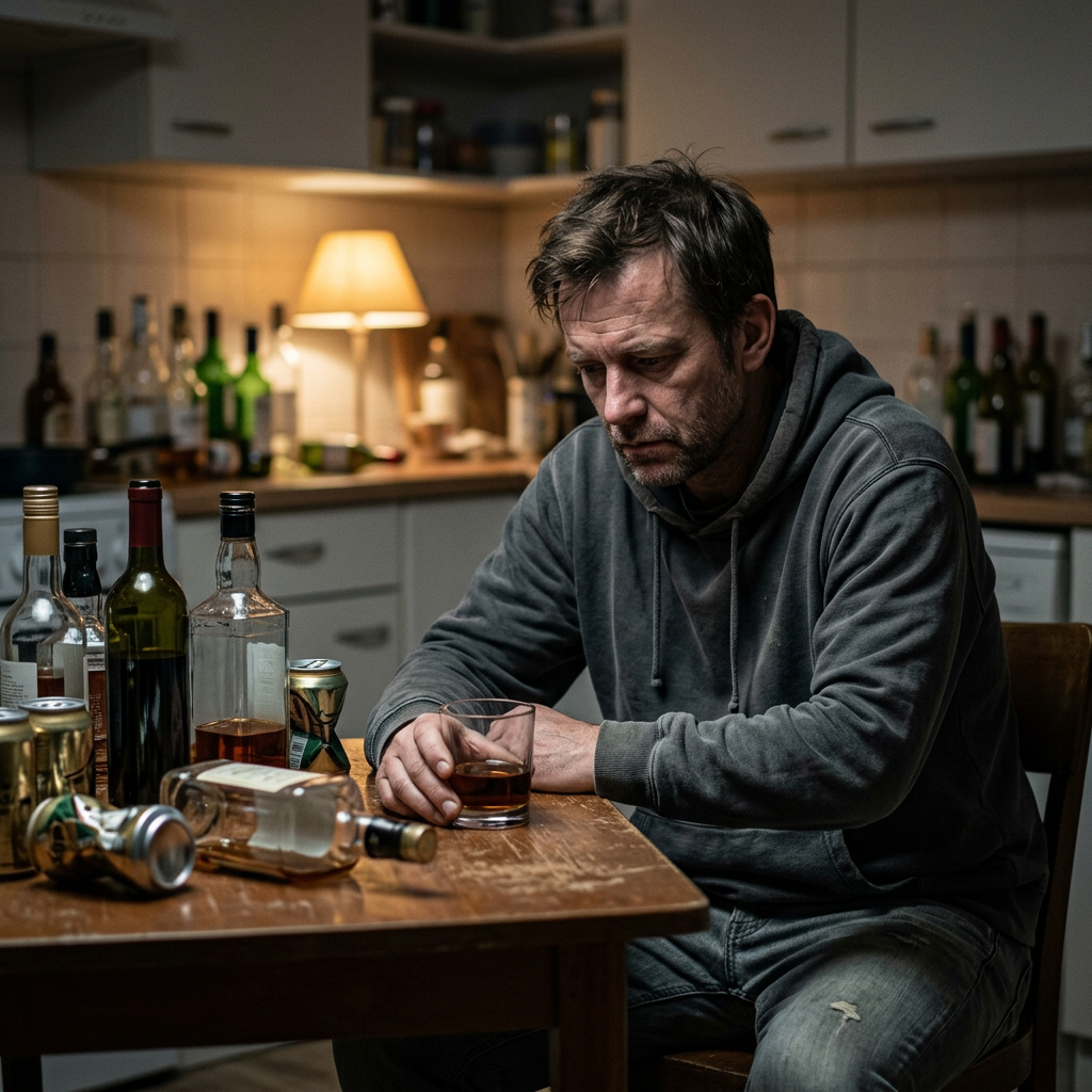 Man sitting at kitchen table with multiple empty alcohol bottles, holding a glass of drink. Alcohol Rehabilitation Centres Near Me