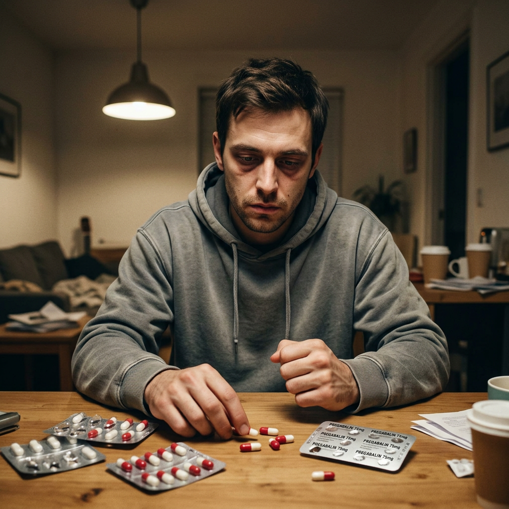 Tired man in gray hoodie sitting at table with multiple blister packs and capsules of medication
