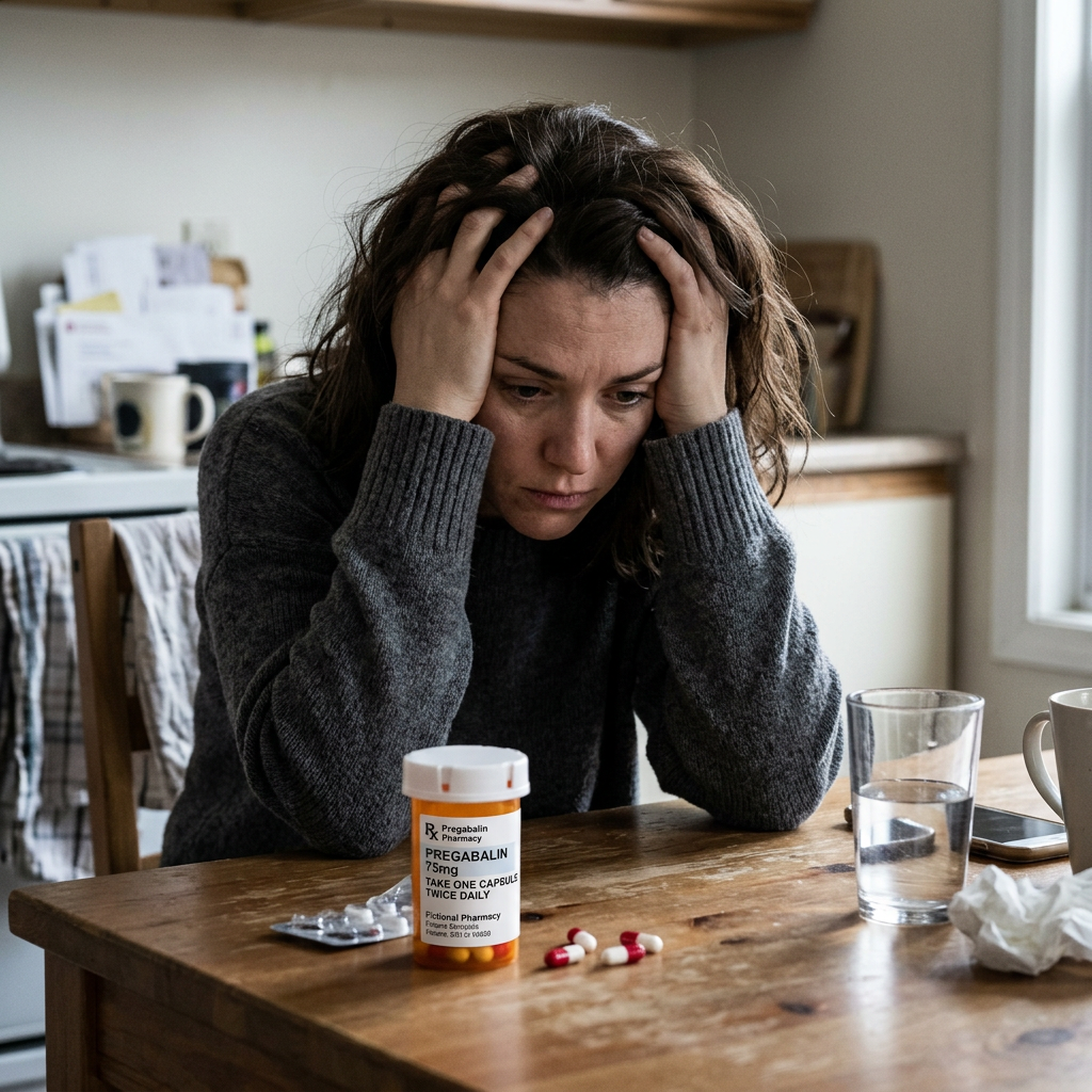 Distressed woman sitting at table with prescription bottle and capsules