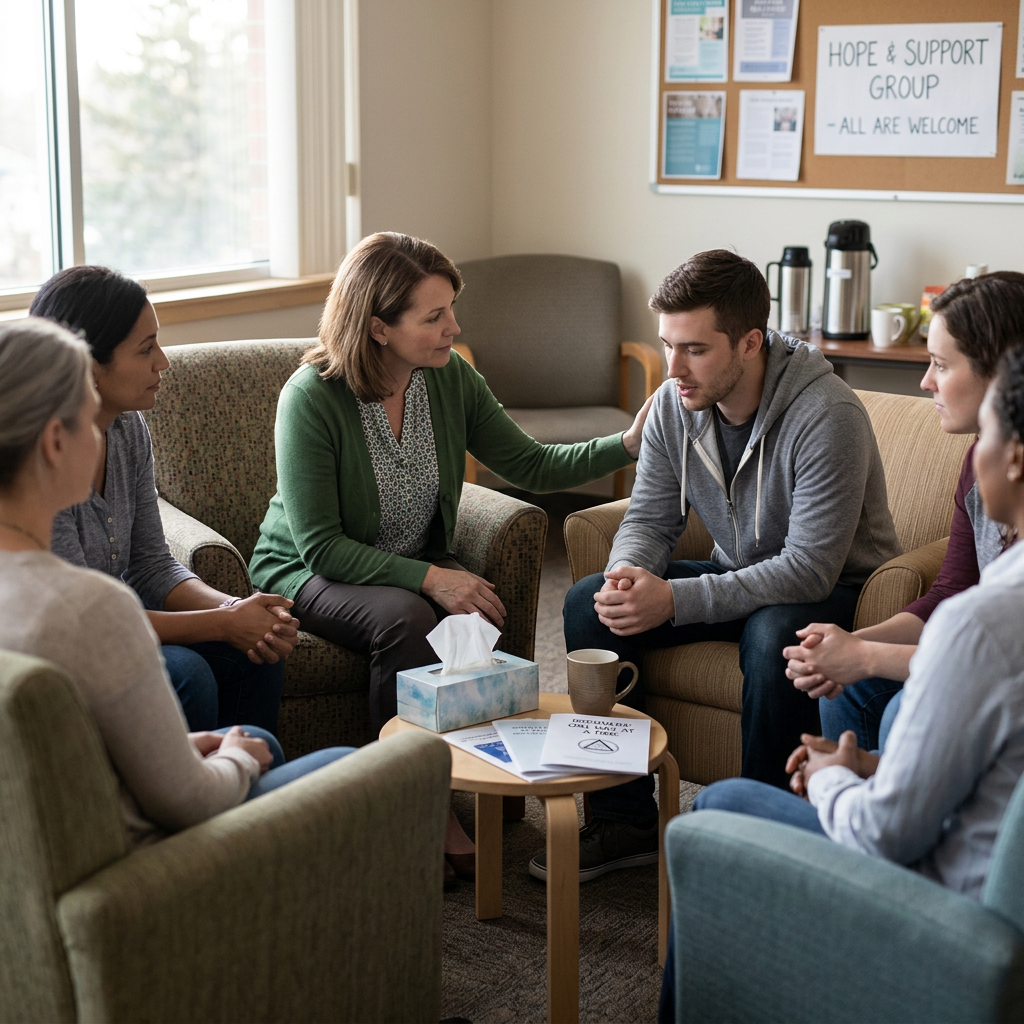 People sitting in a circle in a support group meeting, one woman comforting a man