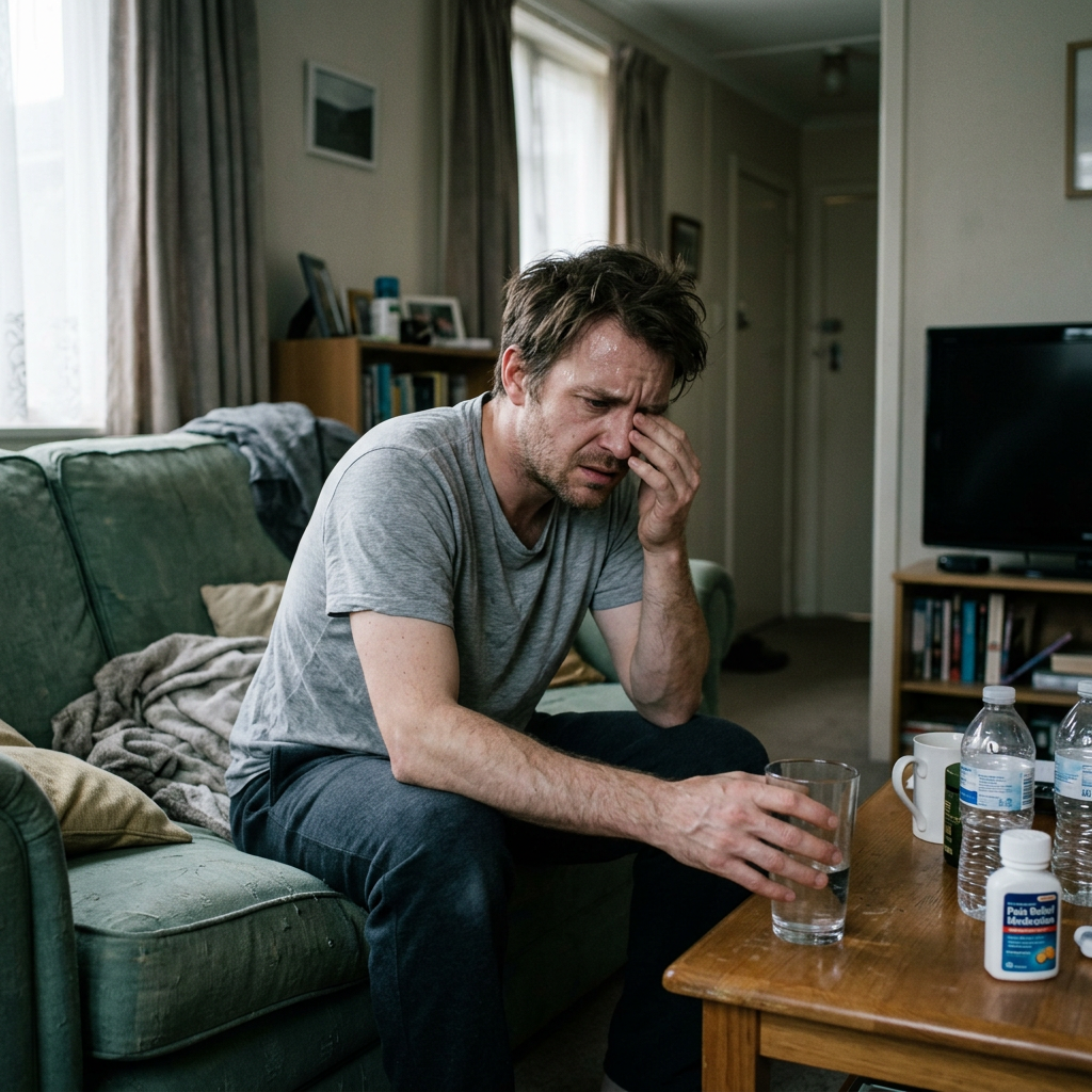 Person experiencing alcohol withdrawal symptoms at home