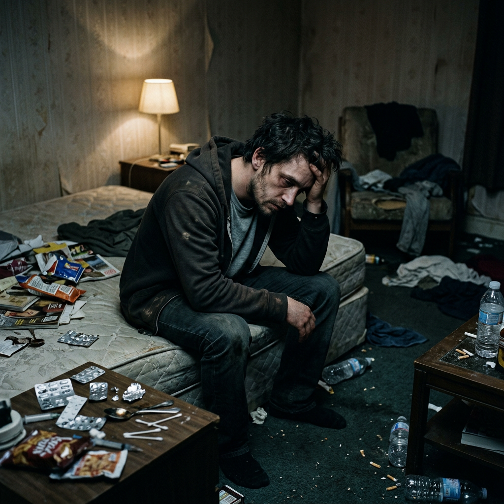 Person struggling with heroin addiction in dark room  Alcohol and Drug Treatment