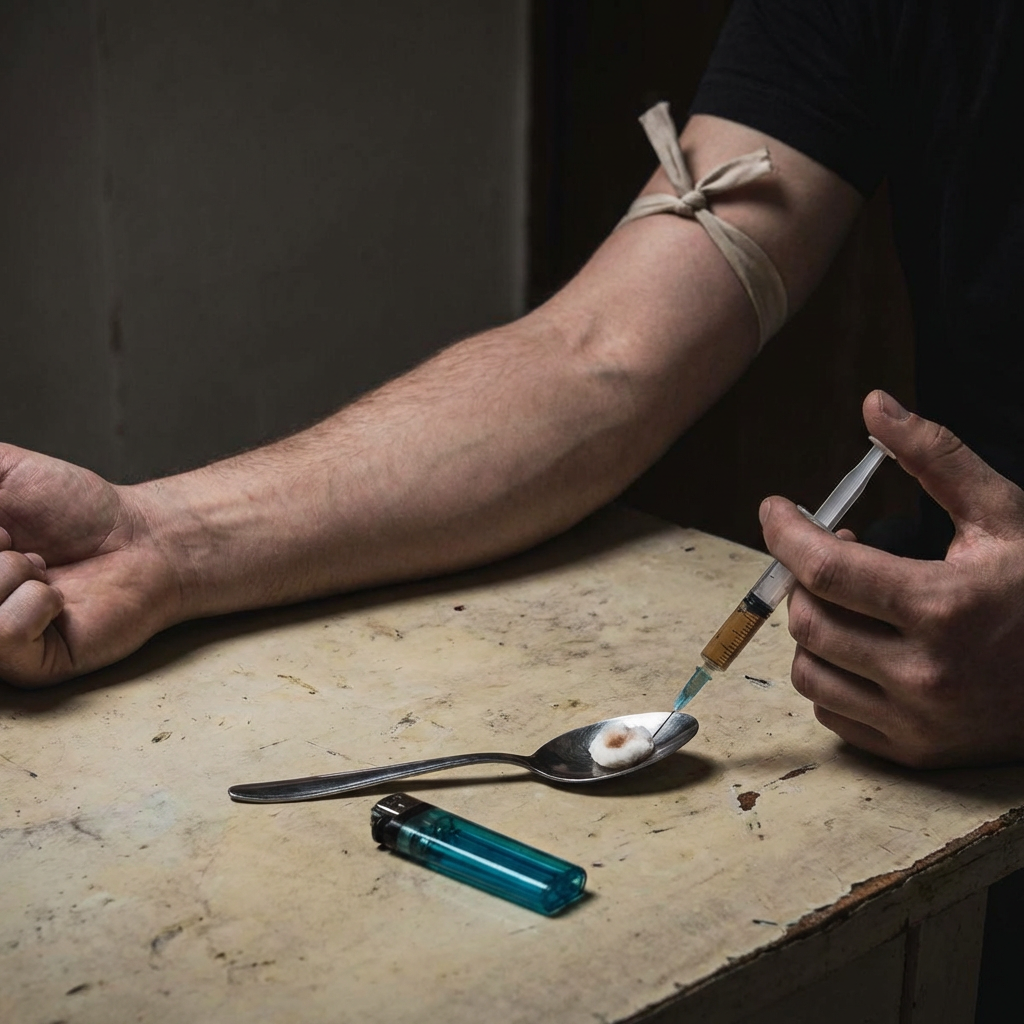 Person preparing heroin injection close-up arm