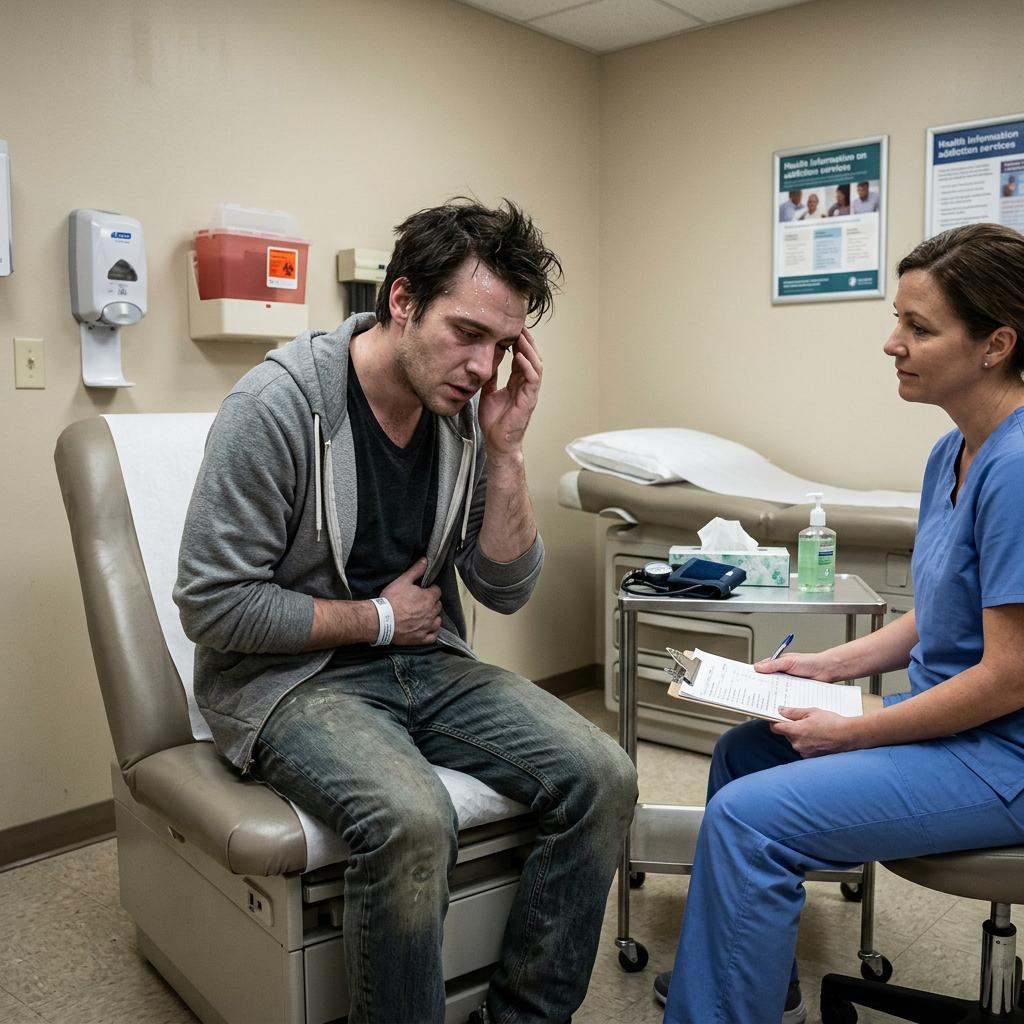 Person experiencing heroin withdrawal symptoms in clinical room