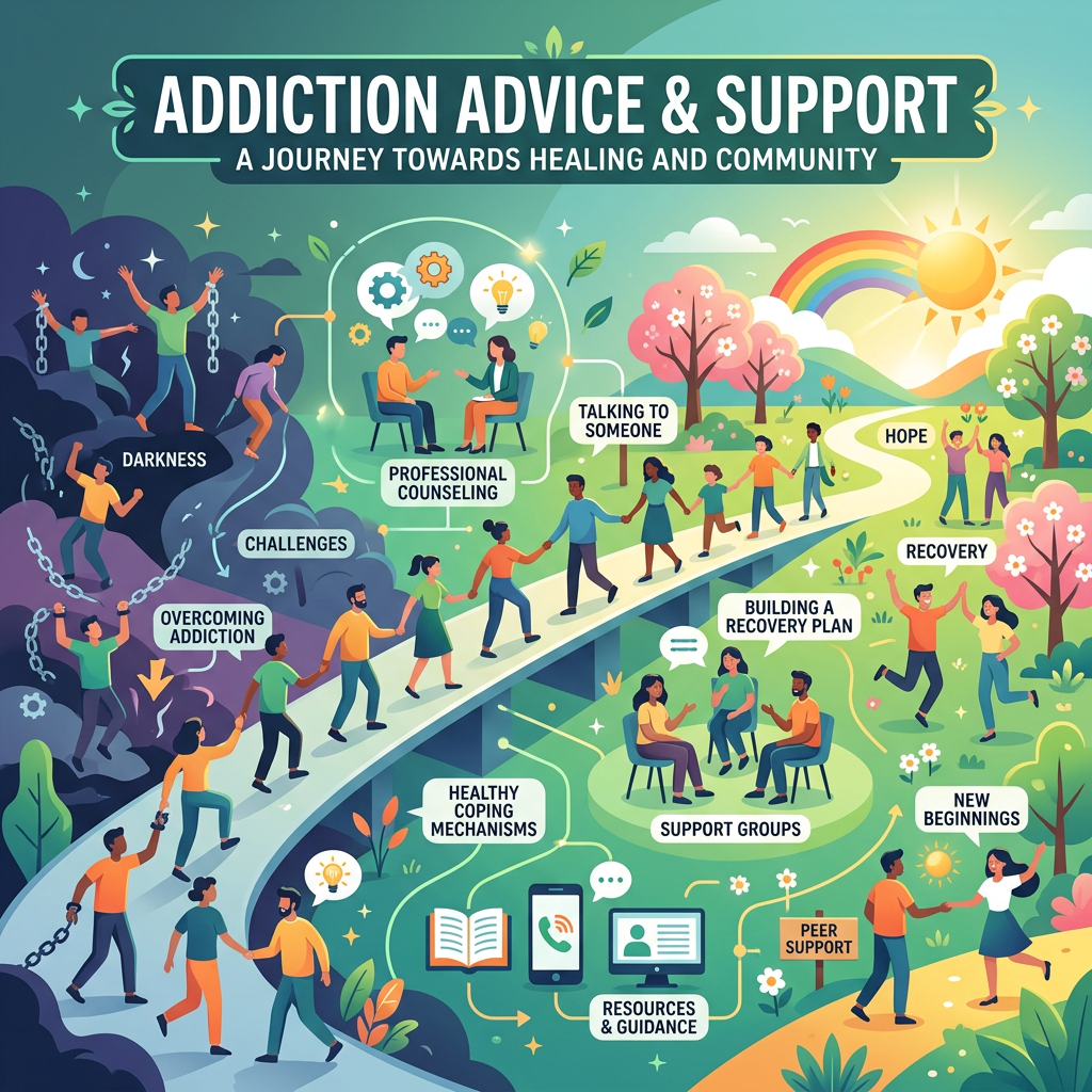 Illustration showing people progressing from darkness and chains symbolizing addiction to sunlight and rainbow symbolizing recovery with steps like counseling, talking, support groups, and peer support