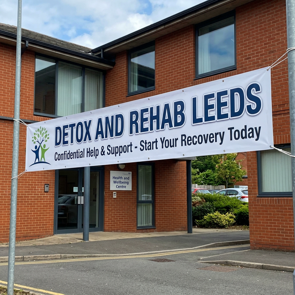 Banner reading 'Detox and Rehab Leeds Confidential Help & Support - Start Your Recovery Today' outside Health and Wellbeing Centre