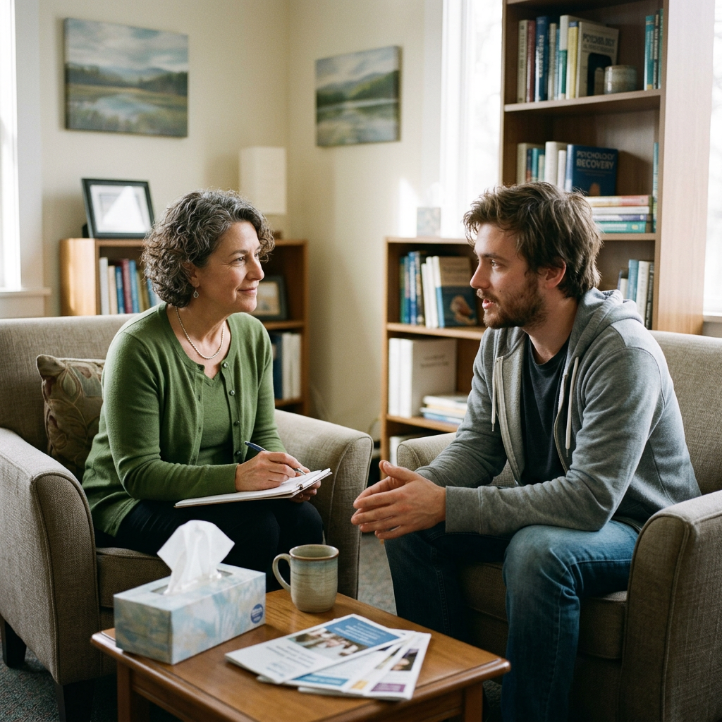 Drug rehab counselling session between therapist and patient