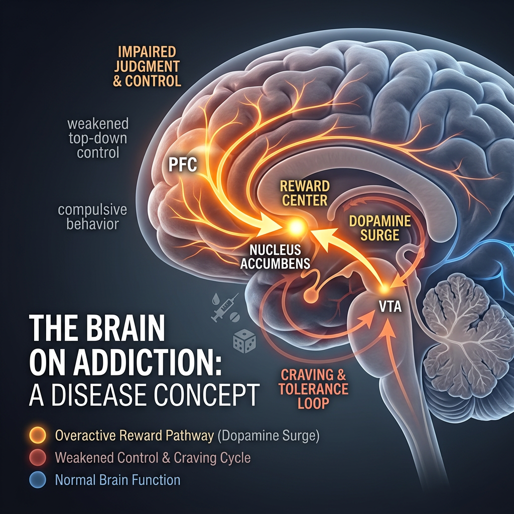 Diagram of brain highlighting the nucleus accumbens, PFC, VTA, and pathways related to addiction and dopamine surge