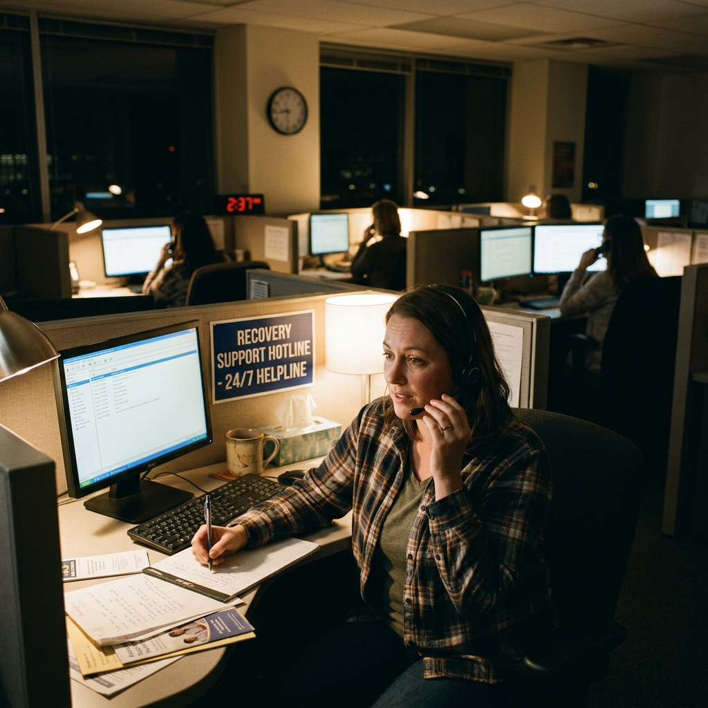 Call center worker with headset taking notes at recovery support hotline desk