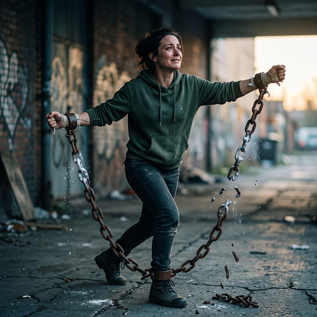 Woman breaking rusty chains shackled to her wrists and ankles in a gritty alley