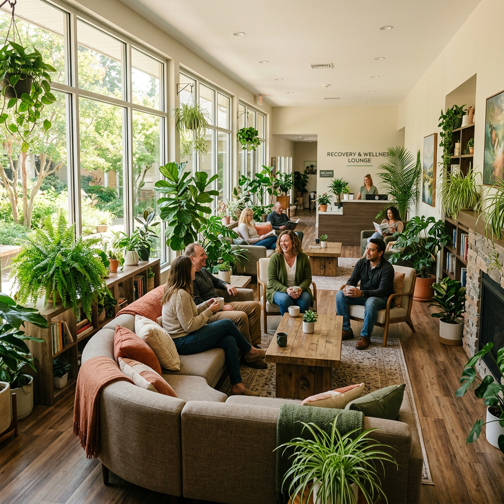 People sitting and chatting in a cozy wellness lounge with large windows and many green plants