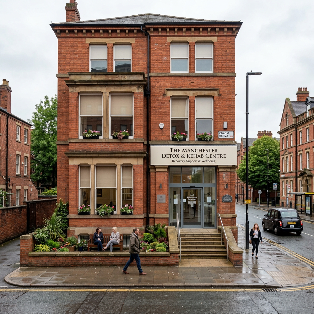 Exterior of The Manchester Detox & Rehab Centre on Chapst Street with pedestrians and greenery