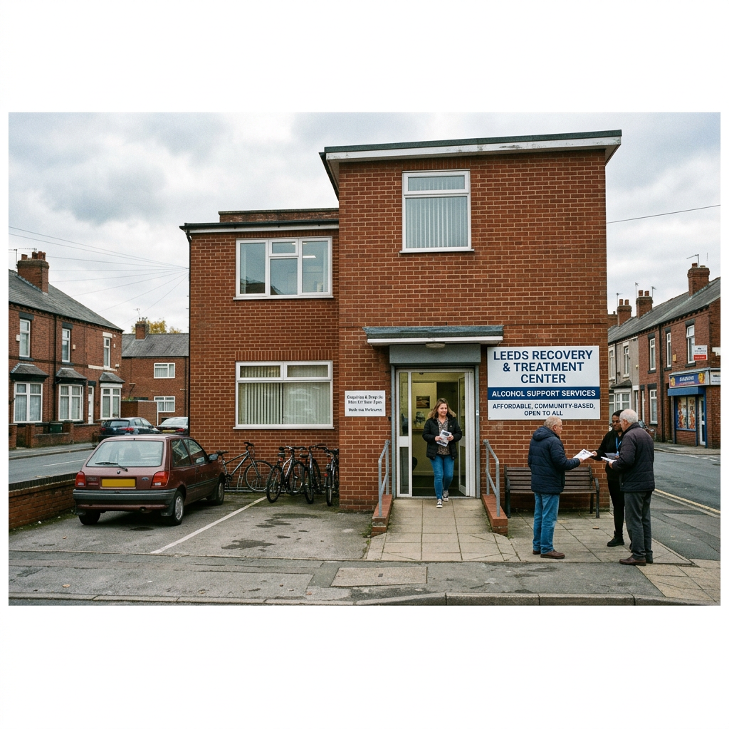 Red brick building with sign reading Leeds Recovery & Treatment Center providing alcohol support services and people standing outside
