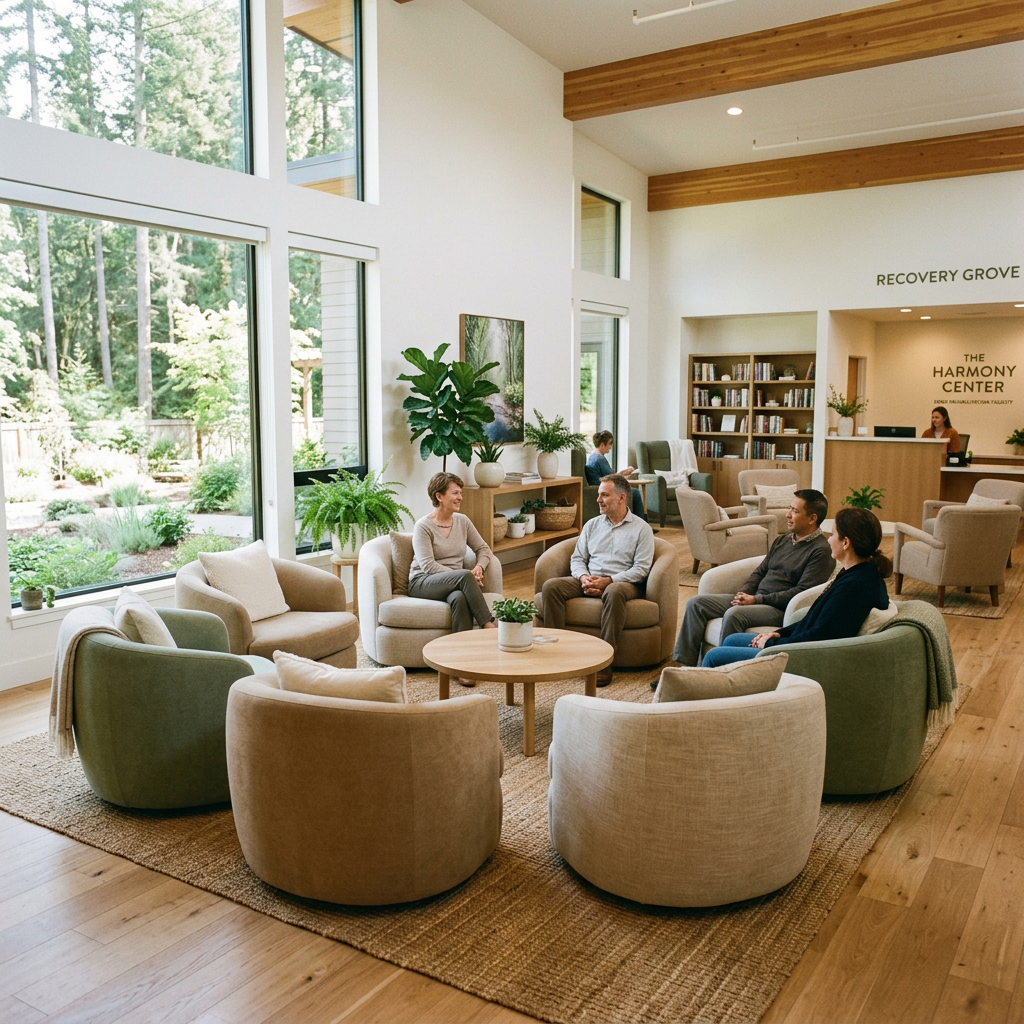 Four people seated in a circle of armchairs in a bright room with large windows and plants
