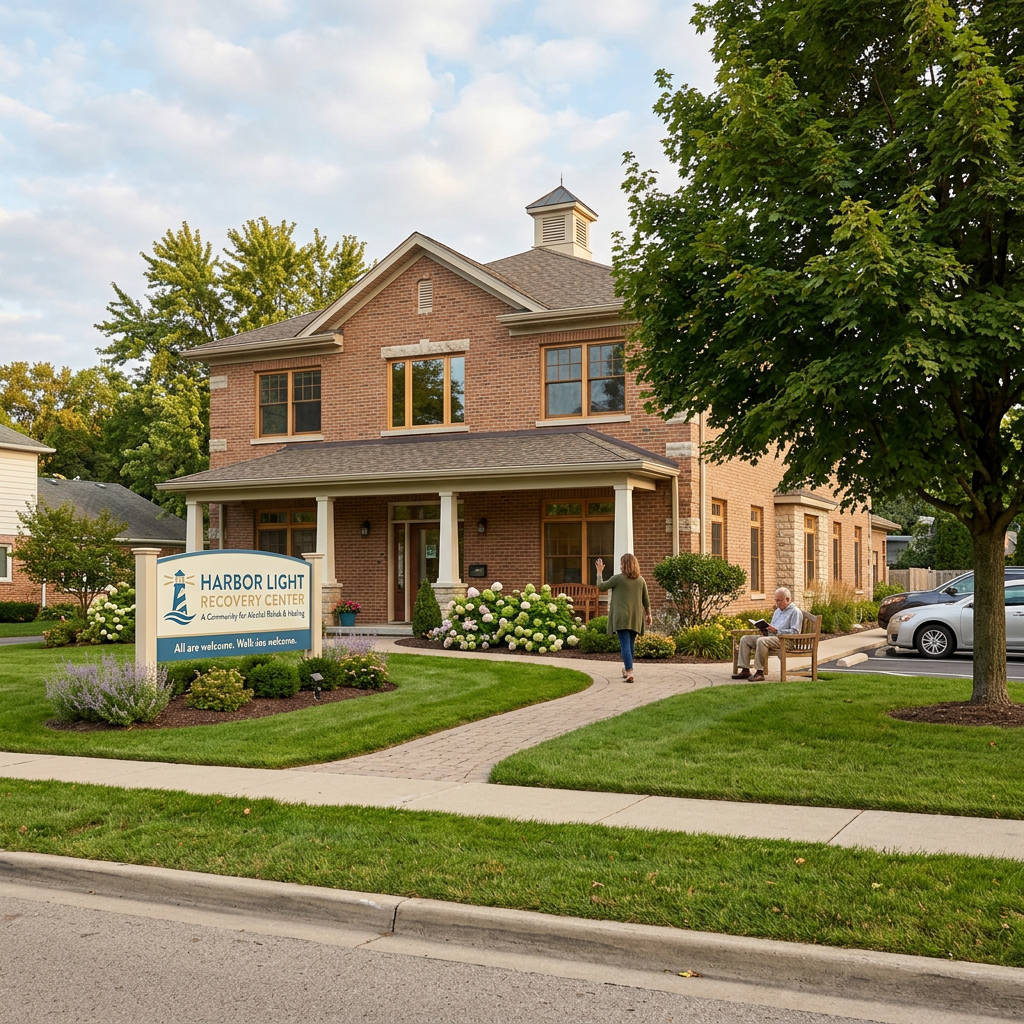 Brick building labeled Harbor Light Recovery Center with landscaped lawn and walkway