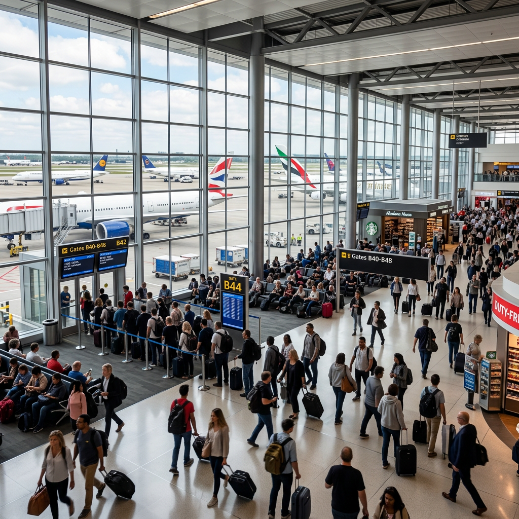 Crowded airport terminal with passengers waiting and walking near boarding gates