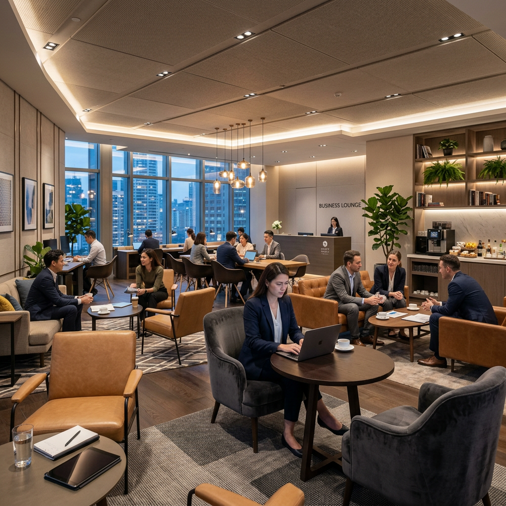 Modern hotel business lounge interior with seating
