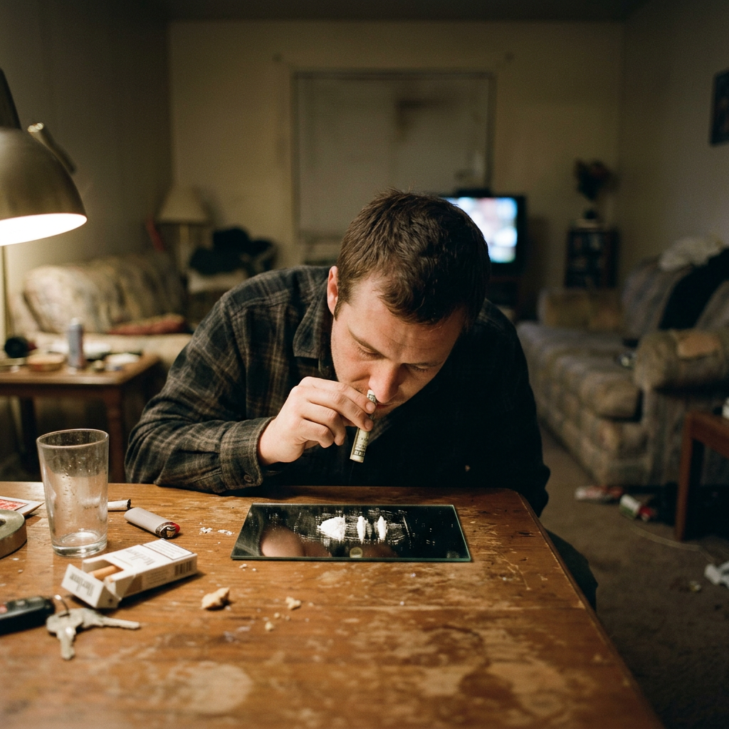 Man snorting cocaine lines from mirror at a cluttered wooden table indoors