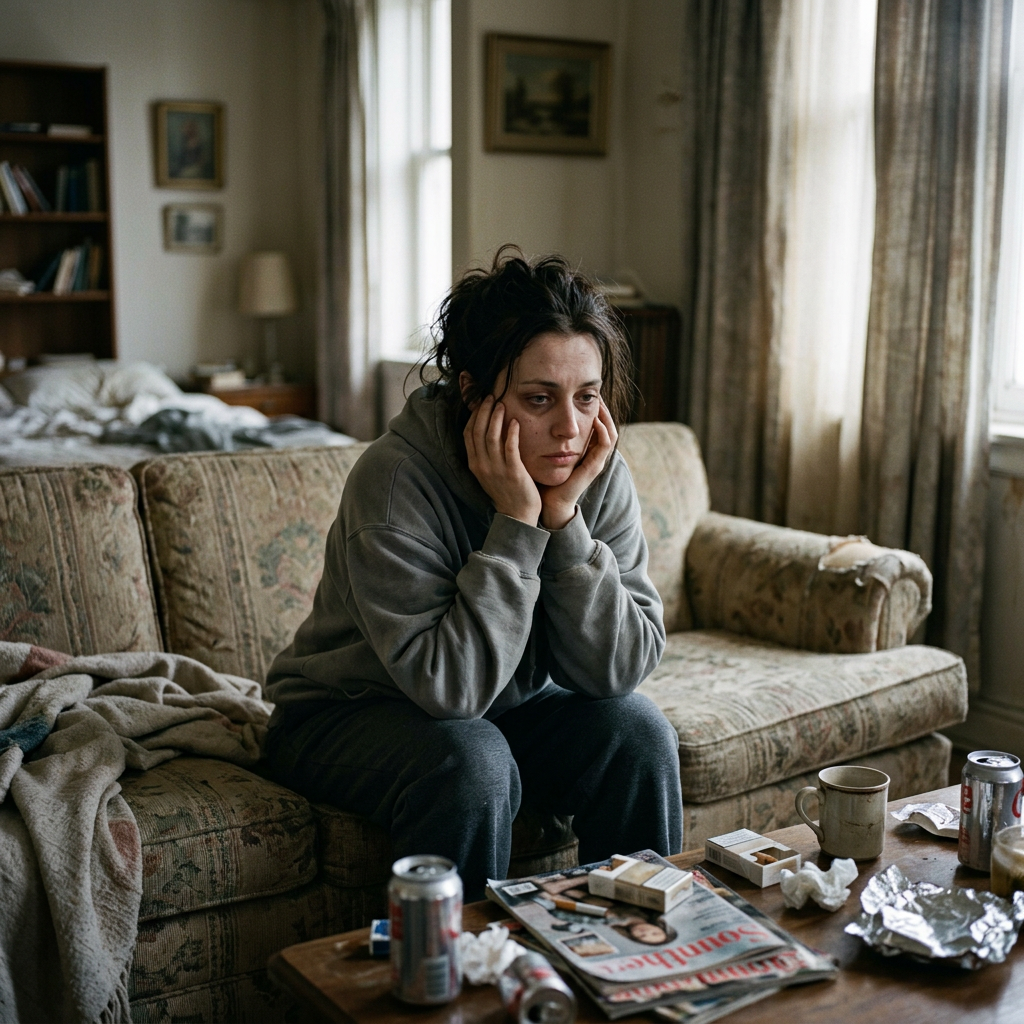 Person struggling with heroin addiction indoors