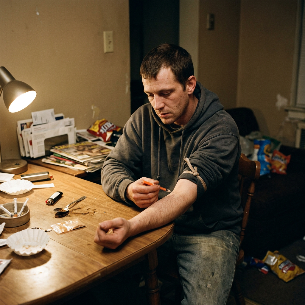 Man using heroin indoors