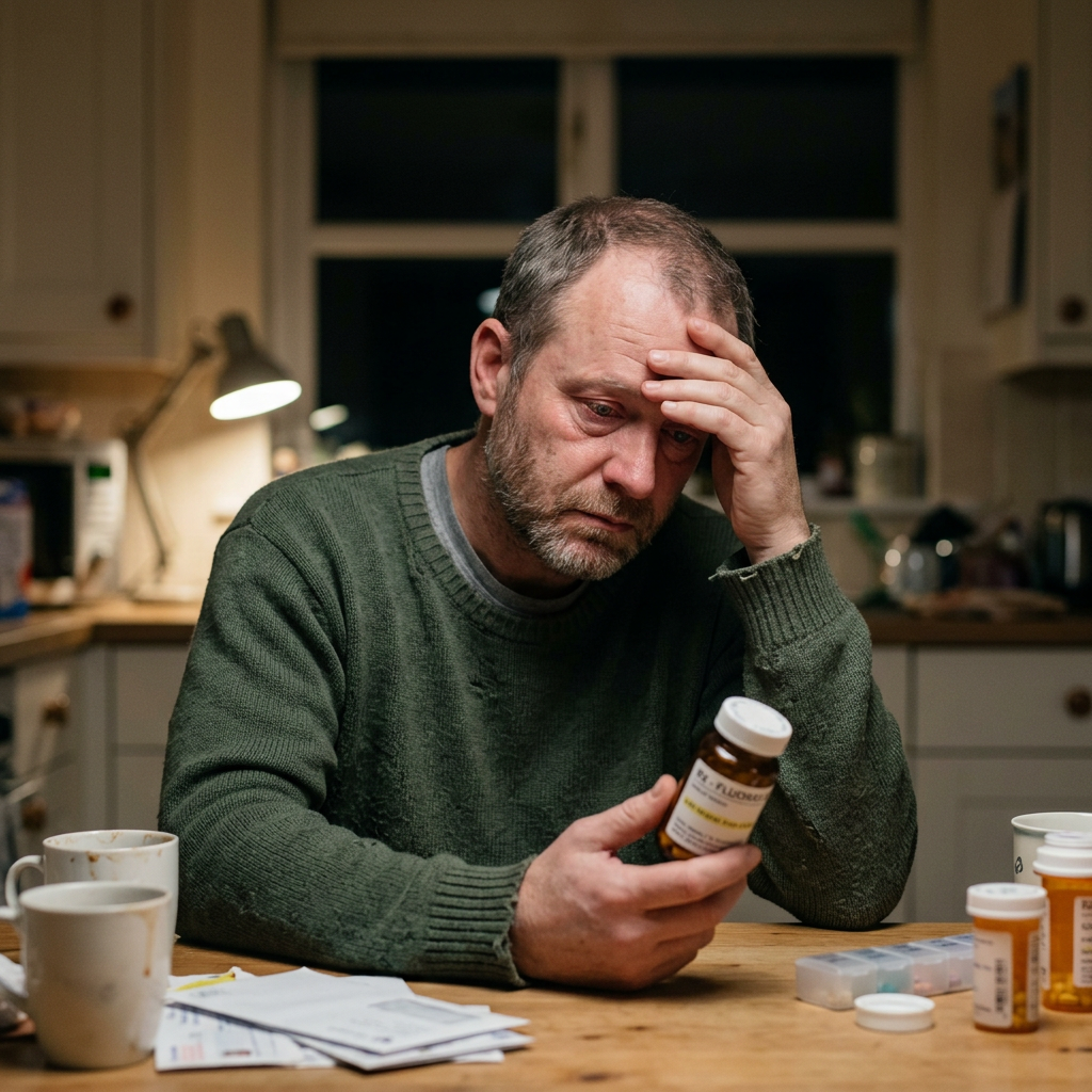 Sad man looking at bottle of pills