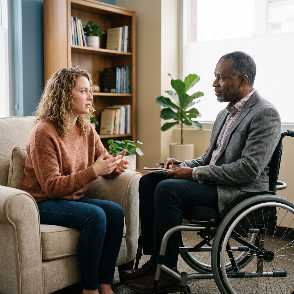 Woman talking to therapist in wheelchair in office setting