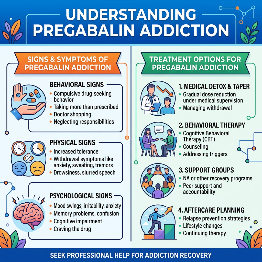 Signs and symptoms of pregabalin addiction and treatment options including medical detox, behavioral therapy, support groups, and aftercare planning Rehab For Pregabalin Addiction