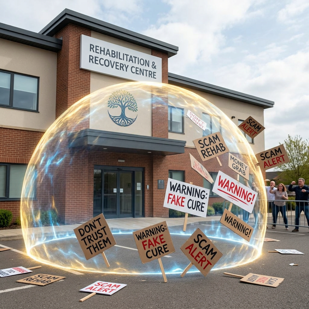 Rehabilitation center shielded from protest signs saying scam alert, warning fake cure, and don't trust them