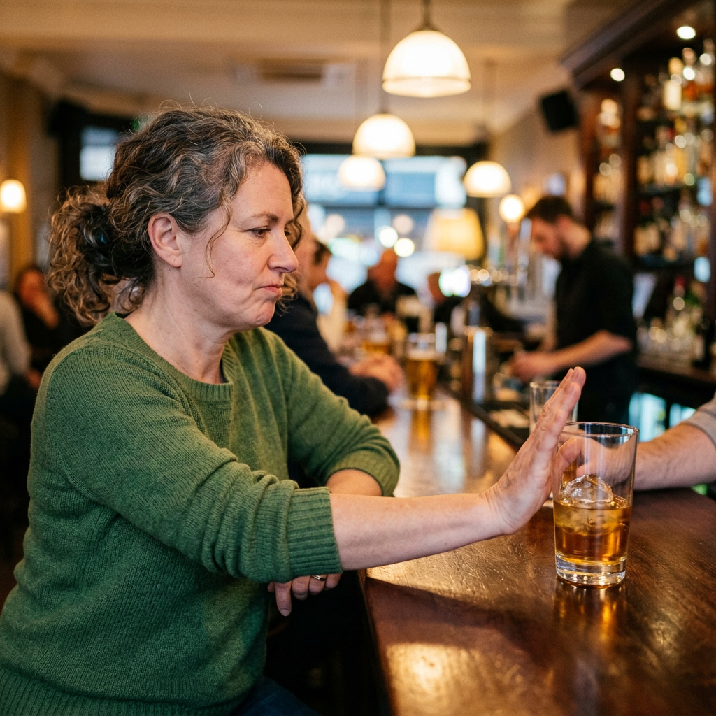 Woman pushing away a glass of whiskey on the bar counter