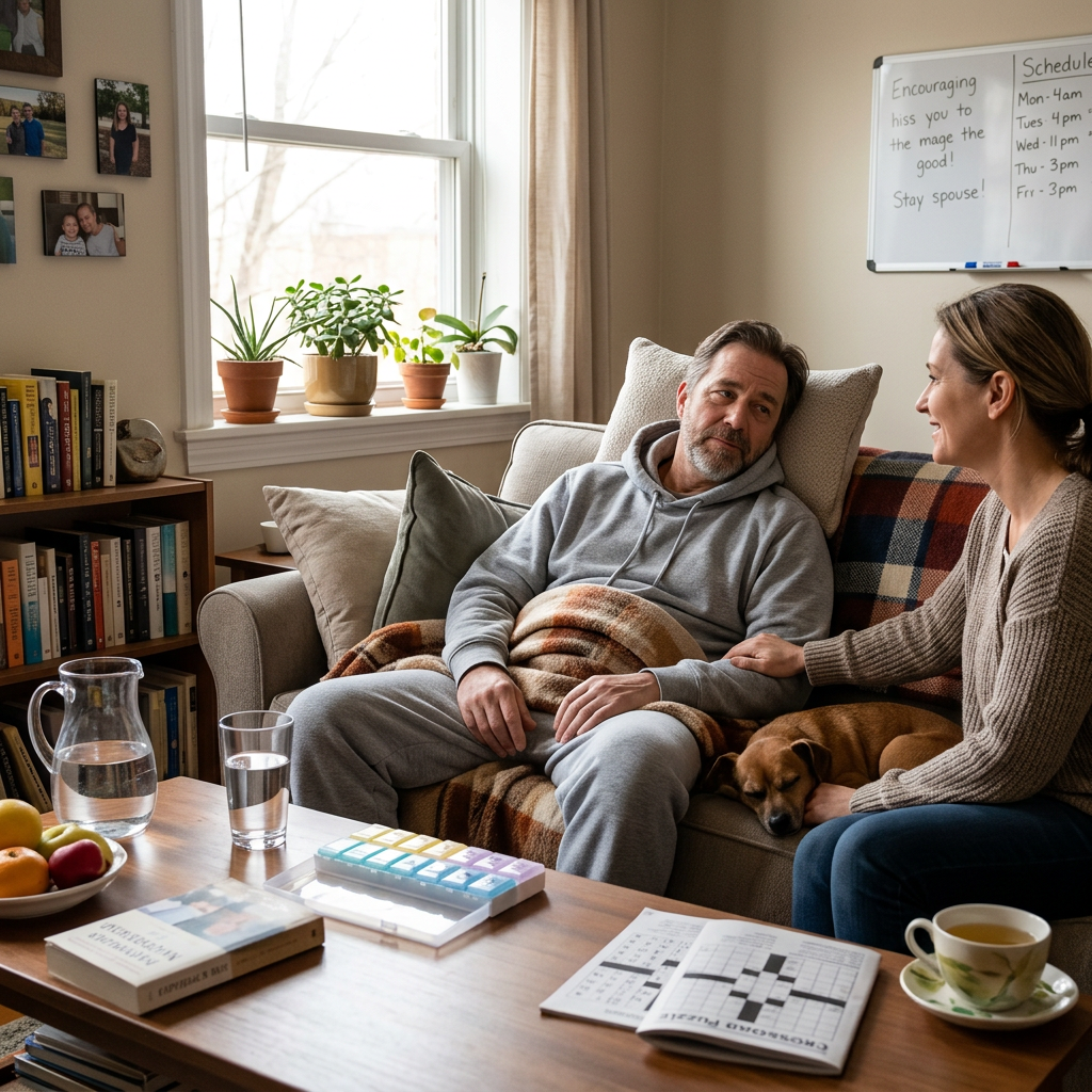 A man resting on a couch wrapped in a blanket being comforted by a woman while a dog lies beside them Detox from alcohol at home