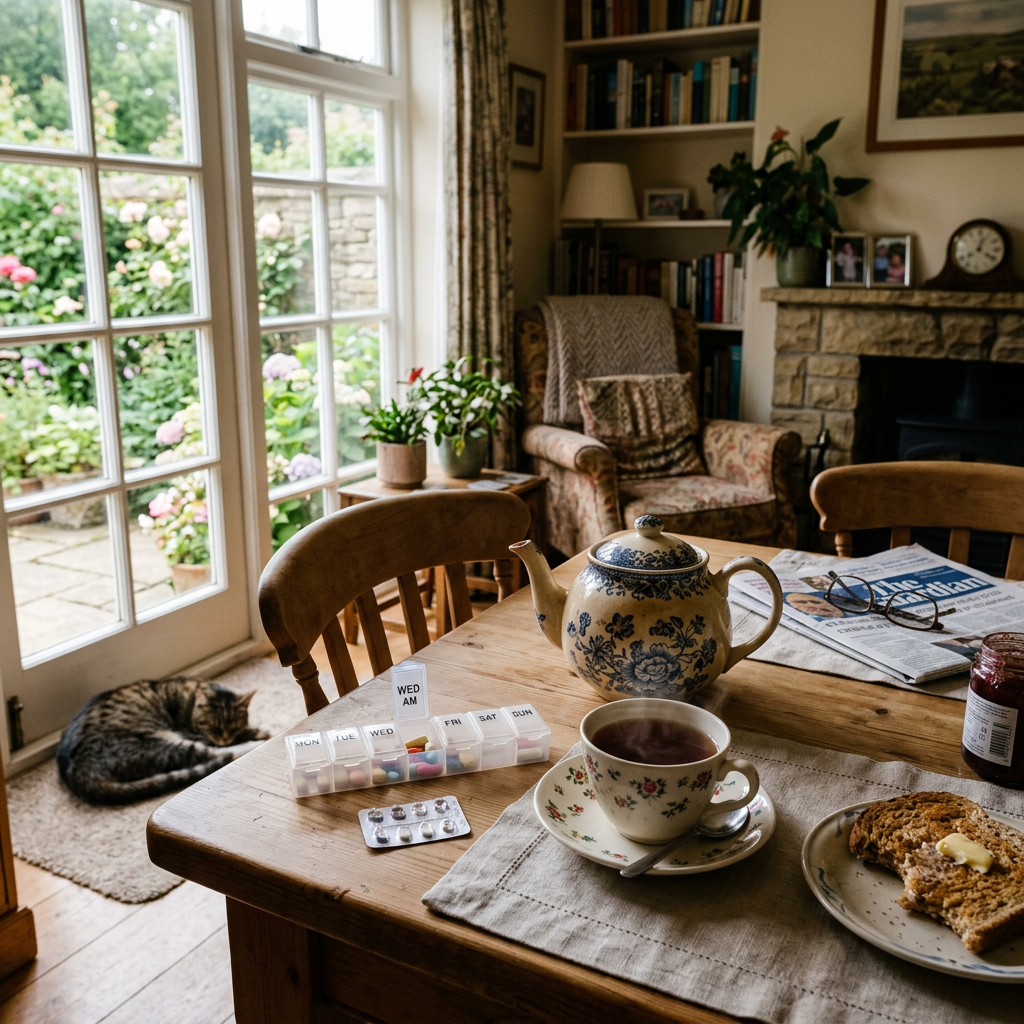 Table with tea cup and teapot, toast, medication organizer, newspaper, with a cat sleeping near glass doors Detox from alcohol at home