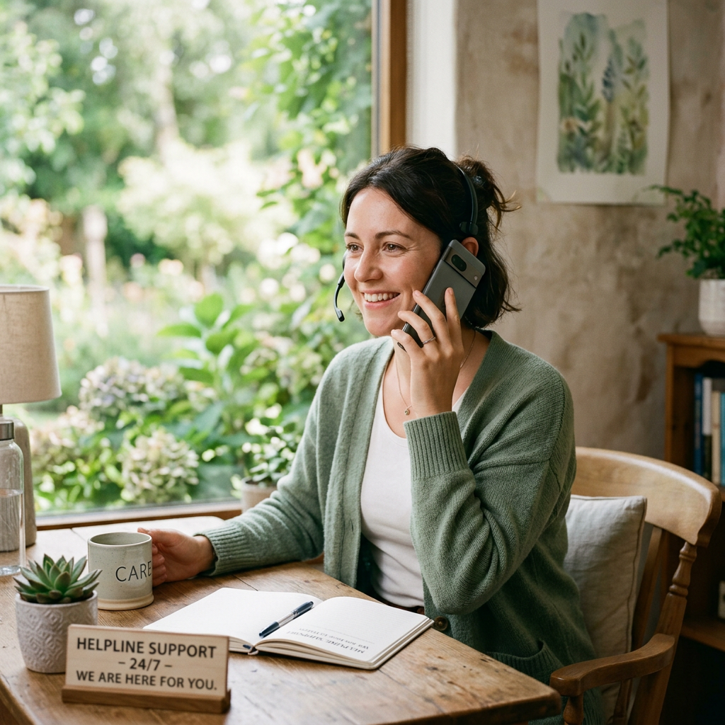 Woman wearing headset talking on phone with notebook and mug on table