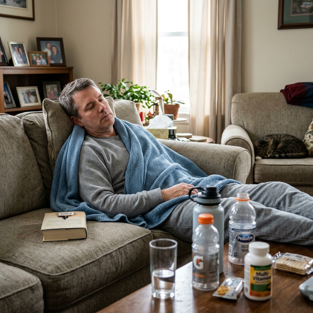 Man resting at home during alcohol detox