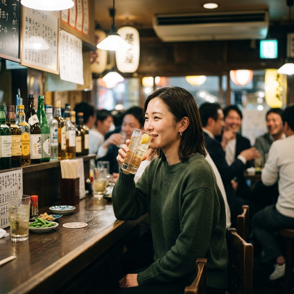 Woman drinking a cocktail at a cozy izakaya bar with people socializing behind her
