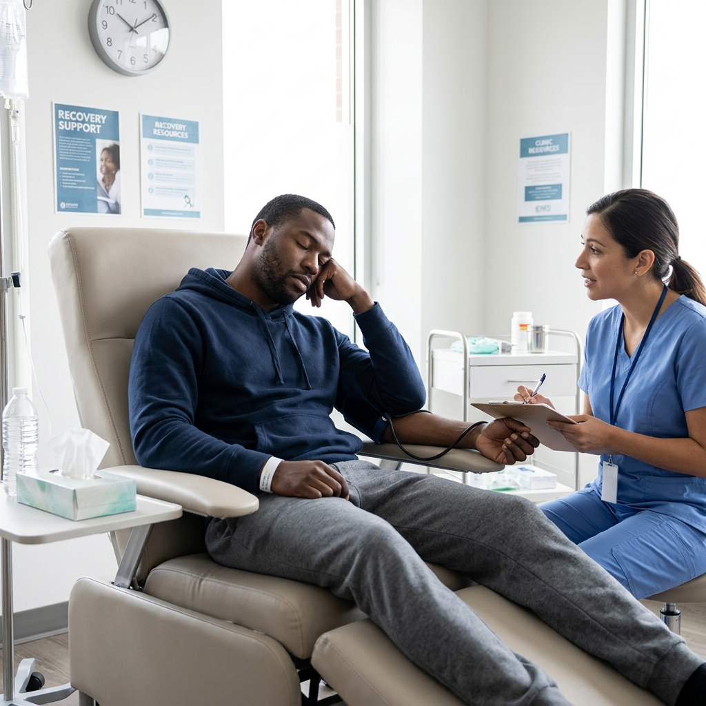 Black man undergoing heroin detox in clinic Heroin addiction help 