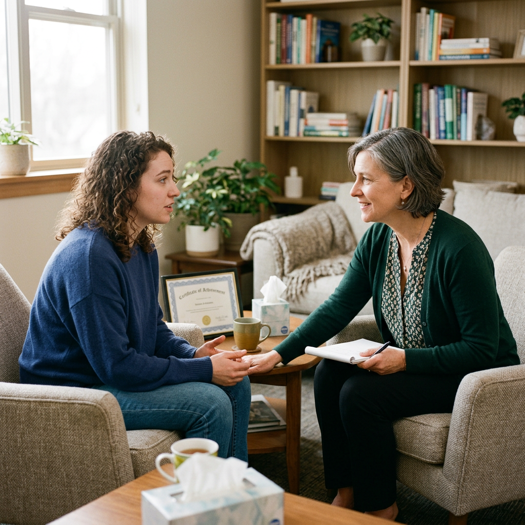 Therapist holding a woman's hand while they talk in a comfortable office Treatment For Weed Addiction